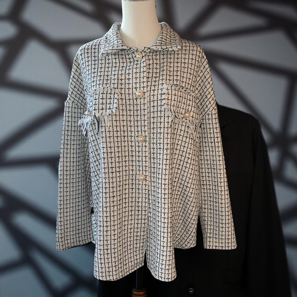 SHEIN Monochrome Tweed Textured Jacket Blazer 6 M
